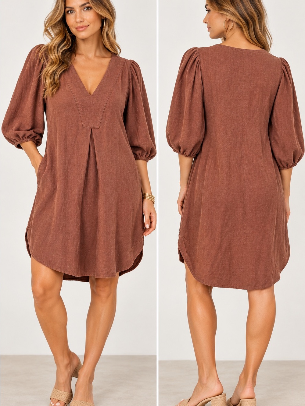 Cynthia Rowley Rust Brown V-Neck Puff Sleeve Dress